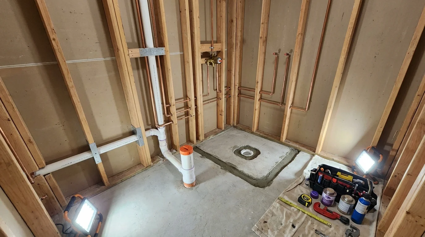 Bathroom rough-in plumbing during remodel by Johns Plumbing LLC in Fishkill