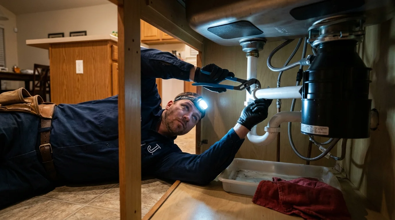 P-trap and supply line connections under a kitchen sink showing a common leak point in Fishkill, NY